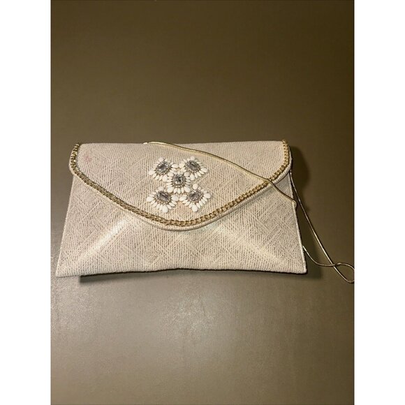 Kate Landry Handbags - Kate Landry Cream Gold Chain White Jewel Stone Convertible Cocktail Clutch Purse
